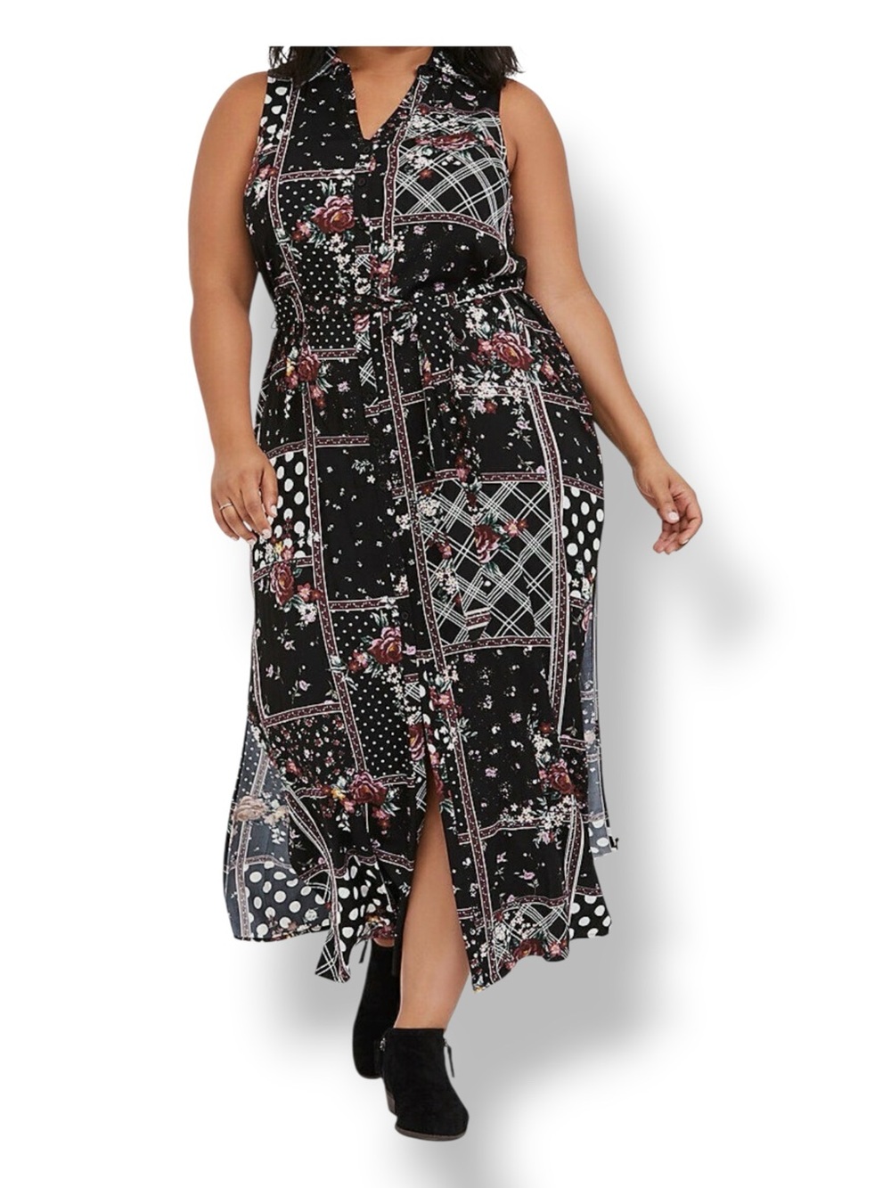 Torrid Women’s Plus Patchwork Floral Challis Maxi Shirt Dress Black 3X New